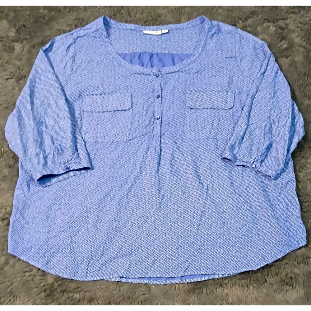 St. John's Bay Blue White Polka Dot Woven Cotton Button Blouse 3/4 Sleeve 3X